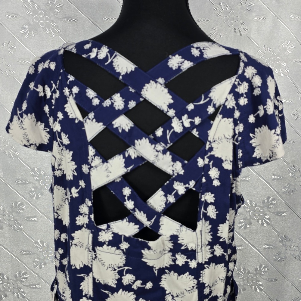 Anthropologie Maeve Motif Floral Midi Dress Size 12 Blue White Short Sleeve Boho - Picture 11 of 14